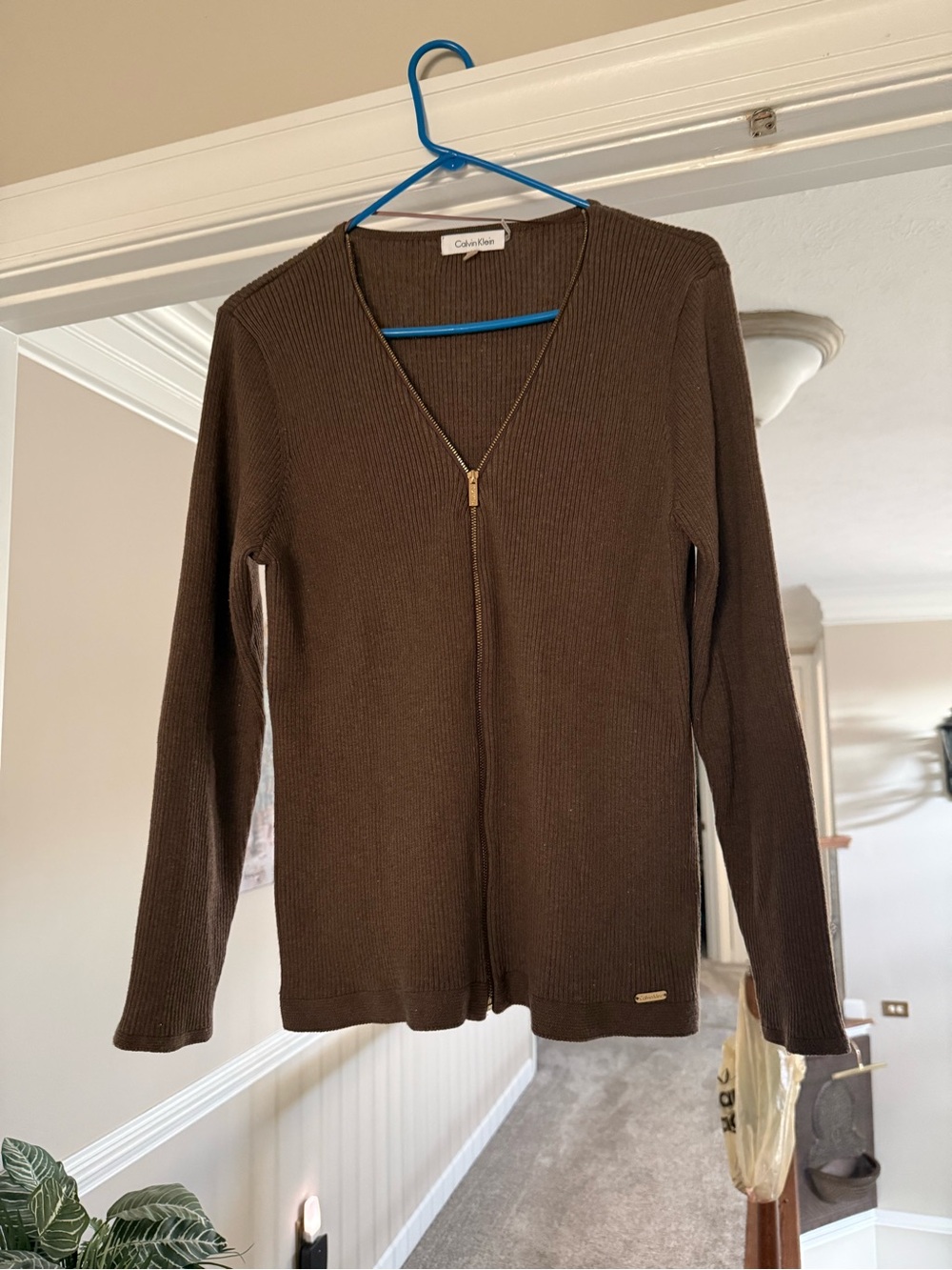 Calvin Klein Women's Brown V-Neck Zip Ribbed Sweater